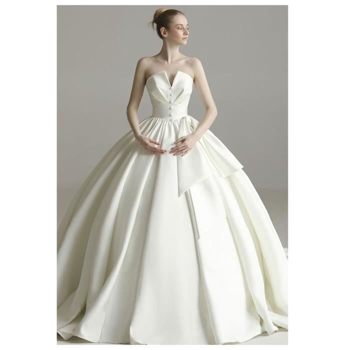 Robe De Mariee Elegante A Ligne Traine Avec Col En V Lacet Sans Manches Button Et NÅud A Deux Boucles 32 46 Blanc Blanc Achat Vente Robe De Mariee Cdiscount