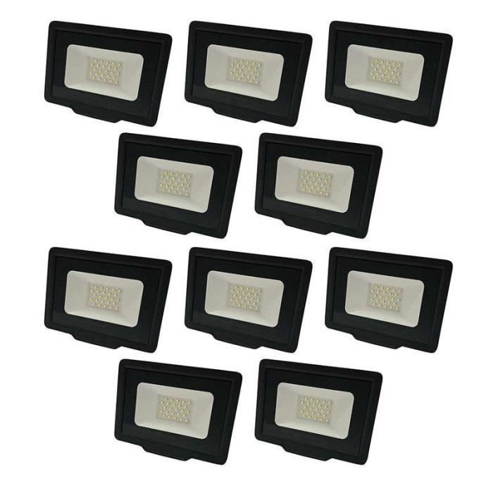 lot de 10 projecteurs led noirs 20w (100w) étanche ip65 1600lm - blanc chaud 2700k 10xfl5920