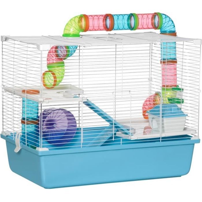 PawHut Cage à hamster rat rongeur 3 niveaux avec tunnel, biberon eau, roue,  maisonnette, échelles dim. 59L x 36l x 47H cm - Cdiscount