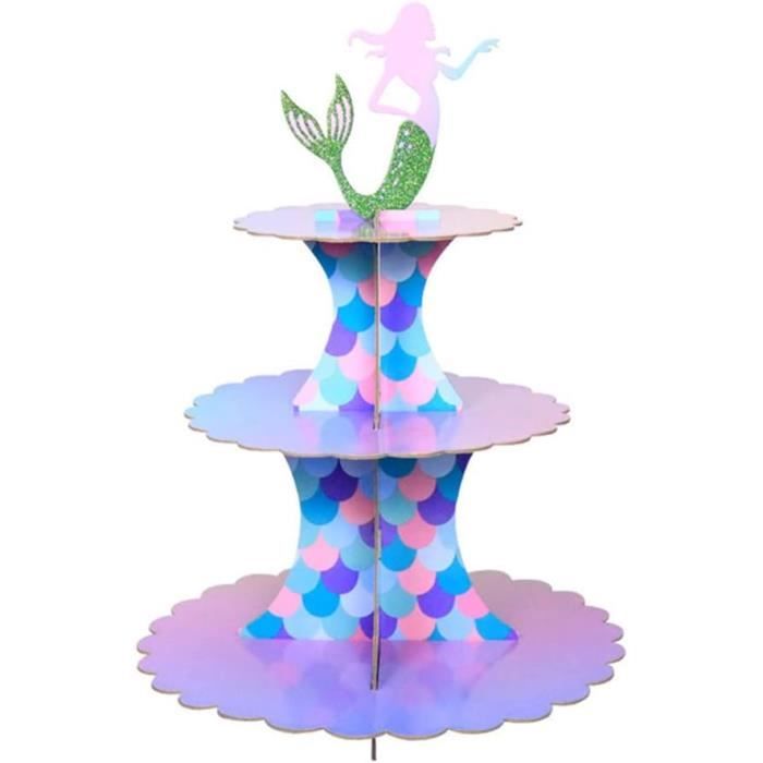 Support à Cupcakes 3 Niveaux Thème Sirène – Tour Gâteau Anniversaire Avec 12 Toppers + Décor Océan – Parfait Pour Fêtes Enfants