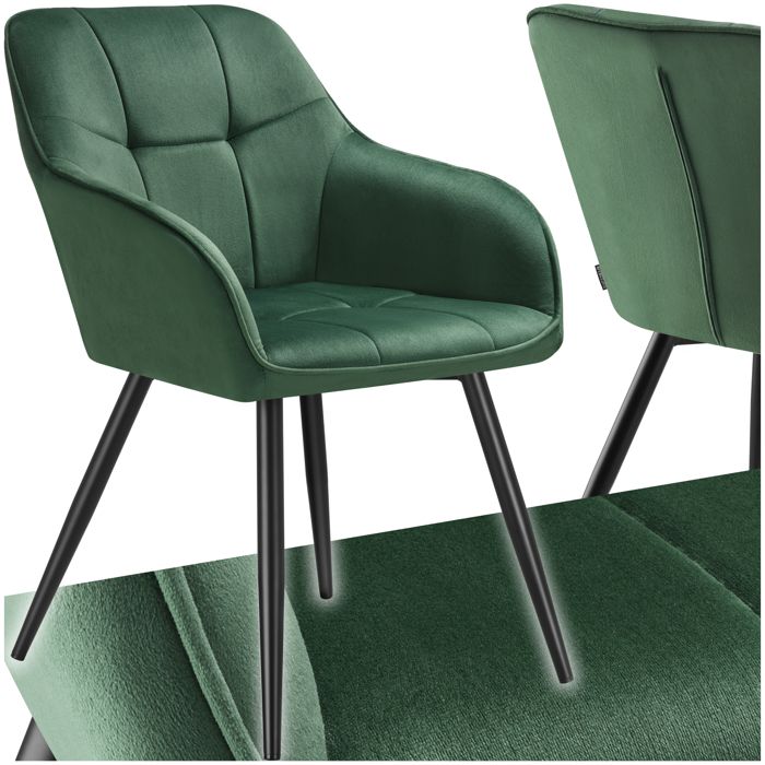Chaise - TECTAKE - Chaise MARILYN effet velours capitonné rembourrée et pieds acier noir 58 x 62 x 82 cm - Vert foncé/Noir