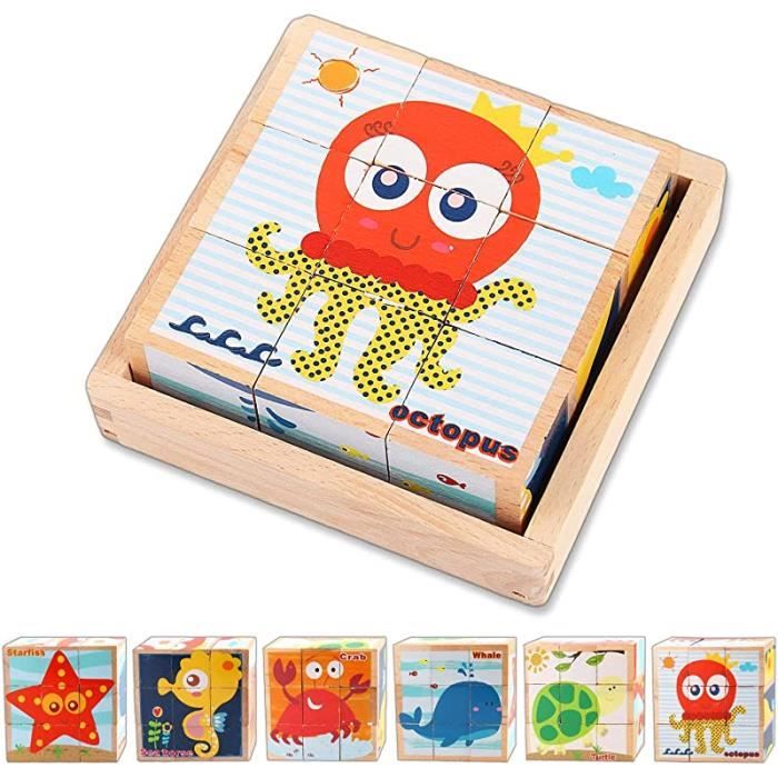 Puzzle en bois pour enfants, puzzle 3d, enfants 1 2 3 ans, puzzle cube en  bois - animaux marins MARINE