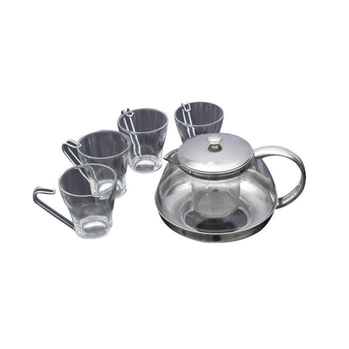 Théière avec filtre amovible en verre et inox et 4 tasses