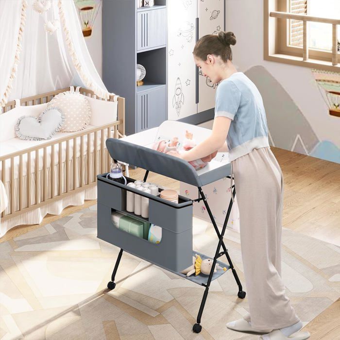 Table à Langer Pliable MUL-BOUTIQUE | Hauteur Réglable - Panier Rangement - Roulettes - 80x66x98cm