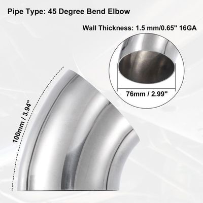 Coude D'échappement Prolongé 45° - Diamètre 76mm, Longueur 150mm - Acier Inoxydable T304, Poli - Bouche Plate Bilatérale