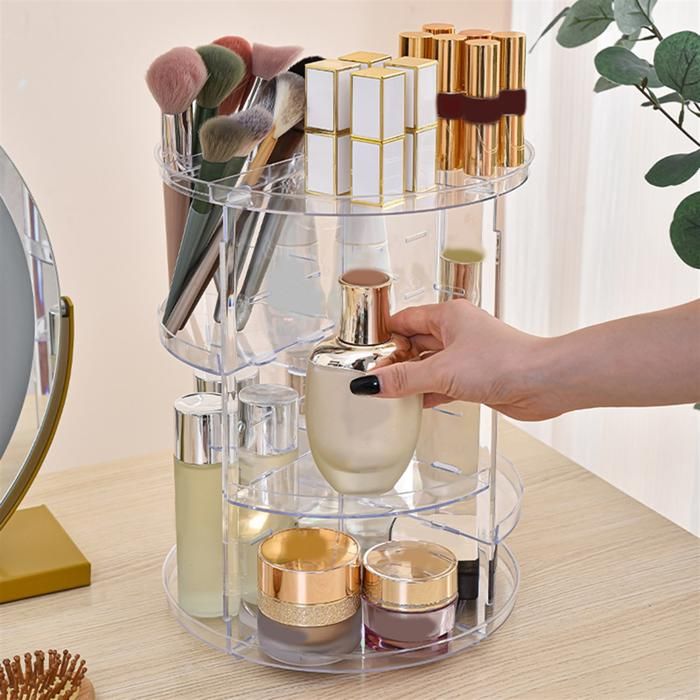 Organisateur Maquillage Rotatif 360° — Blanc Avec Pieds Dorés — Rangement Pinceaux Et Cosméticos