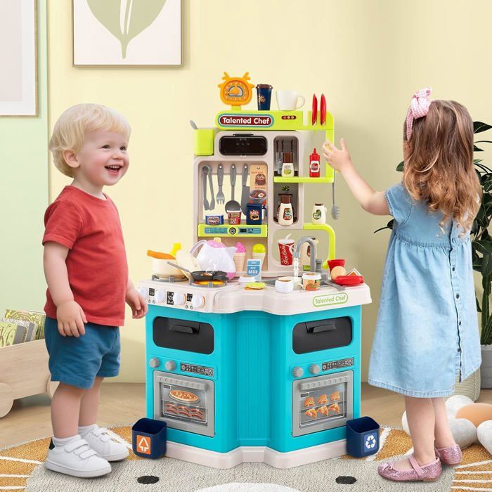 GIANTEX Cuisine d'angle Enfant, Cuisine Enfant en Bois avec 12 Accessoires, Jeu d'Imitation pour