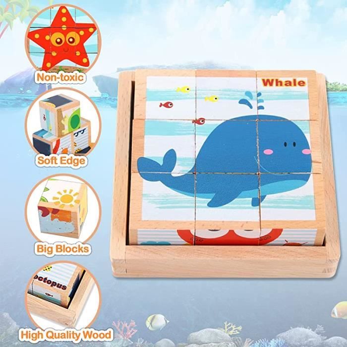 Puzzle en bois pour enfants, puzzle 3d, enfants 1 2 3 ans, puzzle cube en  bois - animaux marins MARINE