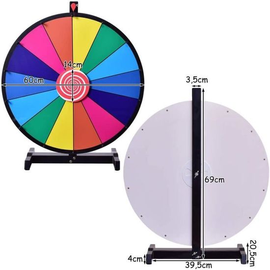 Roue De La Fortune 61 Cm – 14 Couleurs, Support Réglable 110-160 Cm – Marqueur Effaçable – Fêtes, Foires, Animations