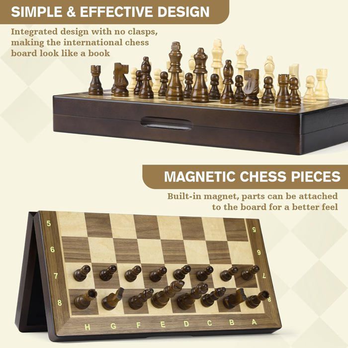 Jeu d'échecs magnétique avec planche en bois pour enfants et adultes, nouvelle version 2024 - Jeu de société en pierre magnétique amusant et interactif - Jeu de table pour fête de famille (jeu