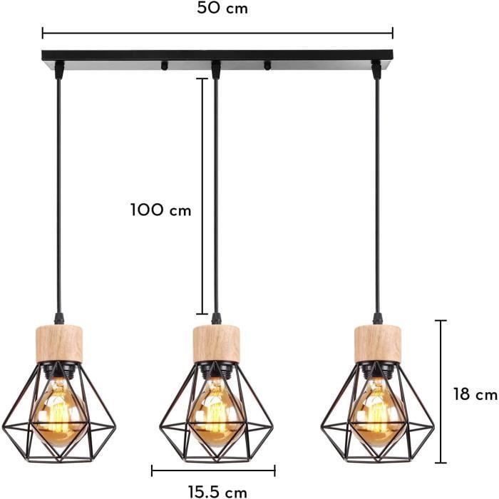 Lustre Suspension Industriel 3 Lampes - Abat-jour Métal Et Bois, E27, Pour Salon, Cuisine Ou Chambre Vintage