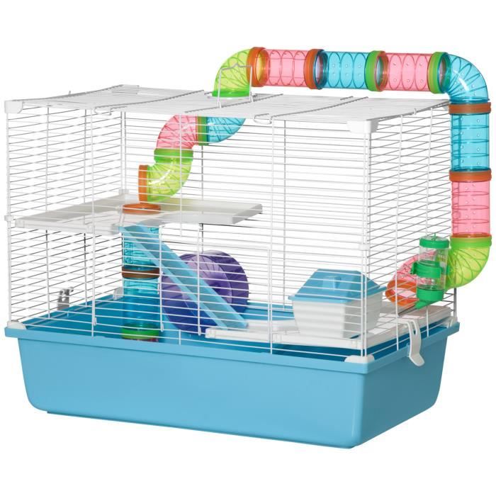 PawHut Cage pour hamsters souris petits rongeurs avec mangeoire abreuvoir  roue et tunnel 46 x 30 x 58 cm métal vert et blanc