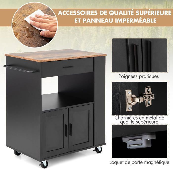 Desserte Roulante De Cuisine Avec 3 Tiroirs Et Armoire - Bois Et Acier Inox - 135x45.5x91.5 Cm