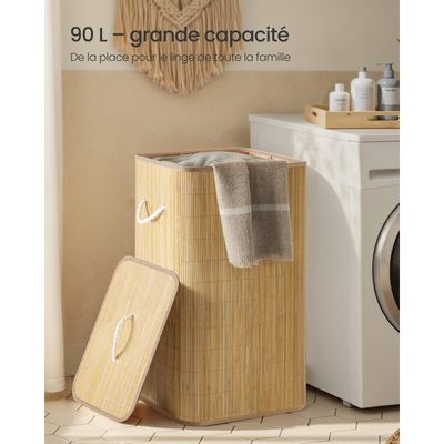 Panier à Linge Avec Couvercle Bambou 72 Litres - Compartiments Solide Marron