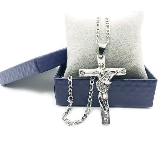 Collier Pendentif Johnny Hallyday Guitare Et Croix Avec Diamant - Acier Inoxydable Argenté | Bijou Fan Rock | Neuf Avec étiquettes