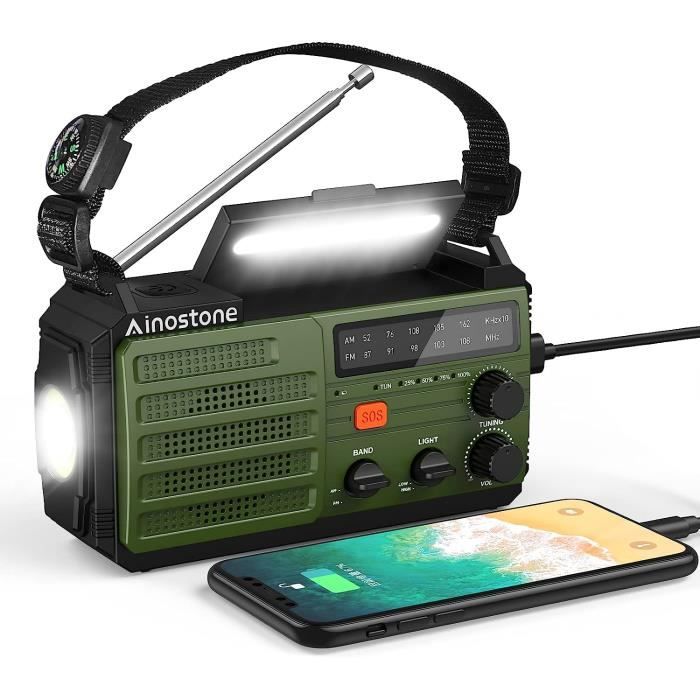 Radio Portable Manivelle Solaire UOHHBOE - Radio D'Urgence Survie Avec Lampe LED, Alarme SOS, Boussole, Batterie 2500mAh USB-C Pour Camping Randonnée Extérieur