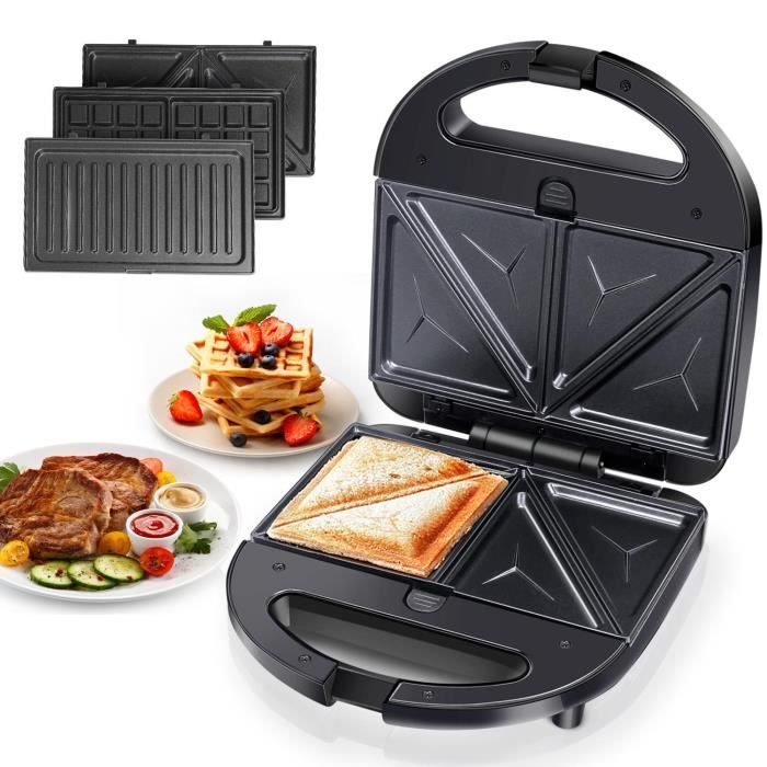 Aigostar Robin - Appareil 3 en 1 : sandwichs, gaufres et grill. 750W, plaques antiadhérantes amovibles. Poignée toujours froide.