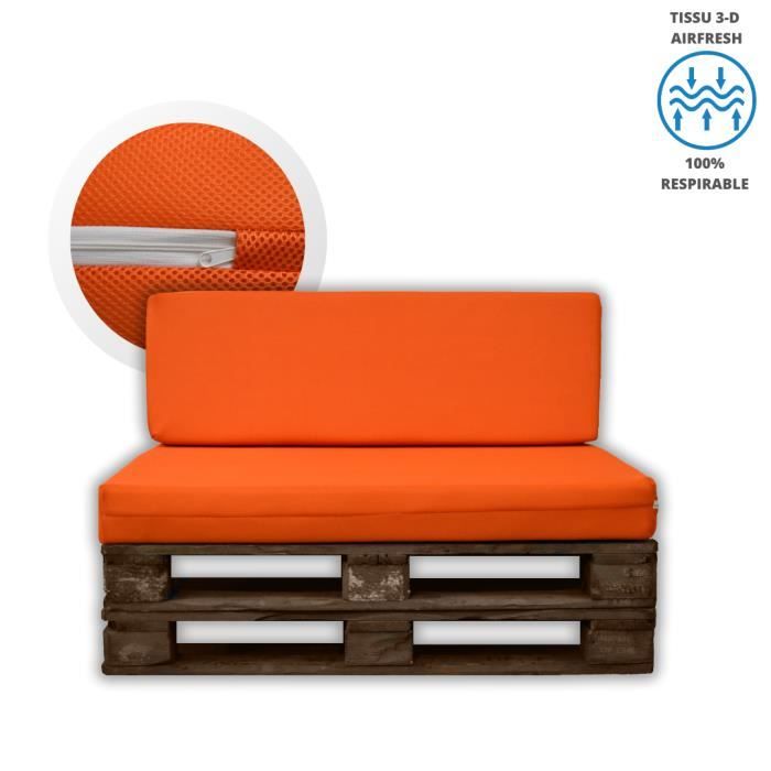 MICAMAMELLAMA Pack Coussins Dossier et Siège en mousse HR pour palettes avec housse orange en tissu 3-D respirable