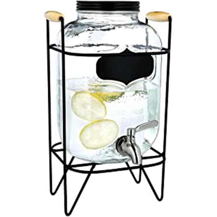 Distributeur De Boisson En Verre - Fontaine 5 L Avec Robinet Couvercle Et Support En Métal - Carafe Eau Boissons Froides Et Chaudes