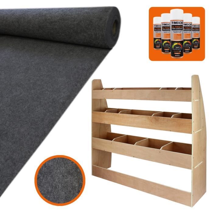 11m2 Doublure Intérieure Tapis Anthracite Gris Foncé & 5 canettes d'adhésif & Meuble de Rangement en Contreplaqué pour VW Caddy Maxi
