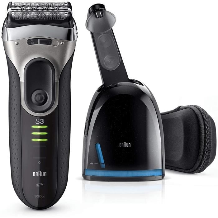 Braun Series 3 ProSkin 3090cc Rasoir Électrique Homme Barbe, Noir/Argent - Rasoir Électrique Rechargeable + Station Clean & Charge