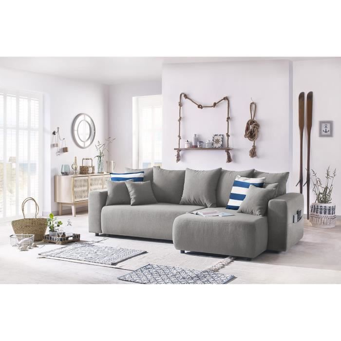 BOBOCHIC® Canapé d'angle réversible convertible coffre ENVY Gris clair Coffre Angle réversible Poche sur les accoudoirs
