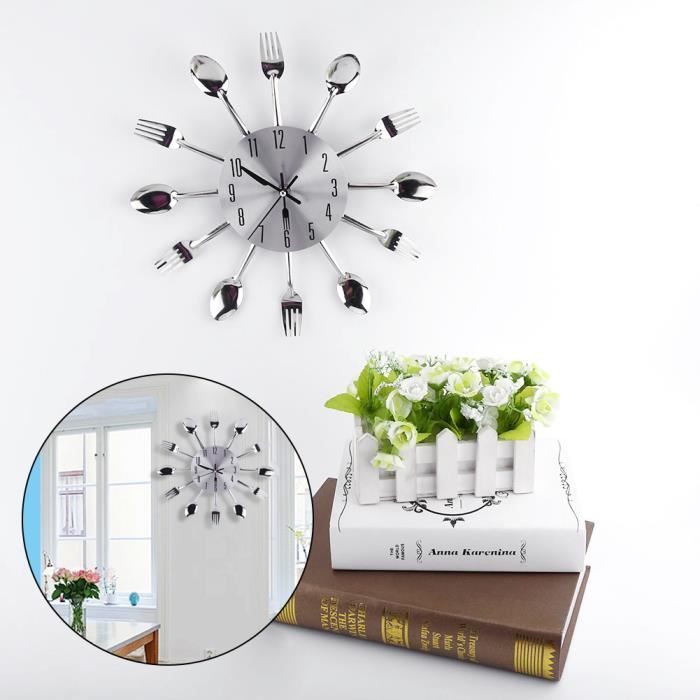 juncolour Grand miroir 3D Surface argent Design moderne couverts ustensile de cuisine cuillère fourchette horloge murale bricolage