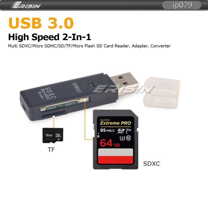 Lecteur de carte mémoire USB 3.0 2 en 1 pour adaptateur PC TF MICRO SD/Micro SD/SDHC/SDXC
