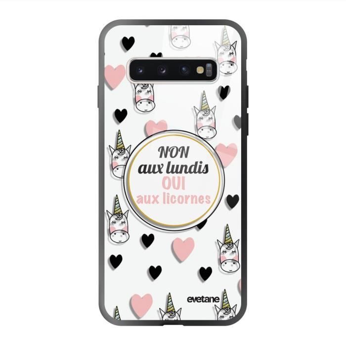 Coque en verre trempé Samsung Galaxy S10 noir Oui aux licornes Ecriture Tendance et Design Evetane