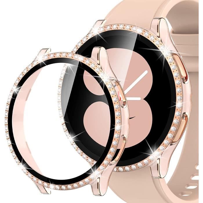 2 Pack Coque pour Samsung Galaxy Watch 4 40mm Protection Écran,Rigide PC Anti-Rayures Verre Trempé Protecteur Cover (Argent/Or Rose)