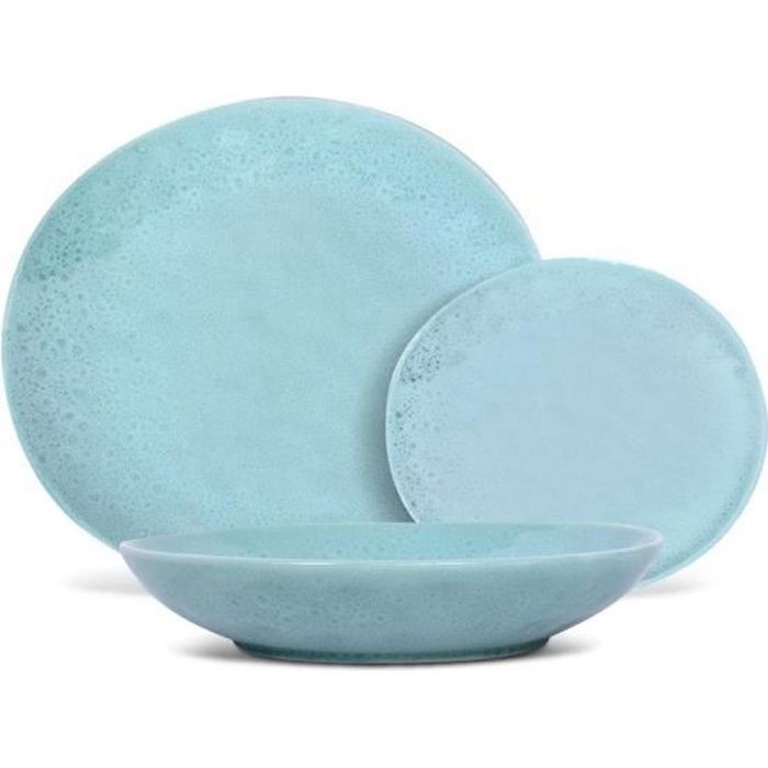 Service vaisselle SIA en faïence martelée OLGA - 12 pièces - Bleu clair