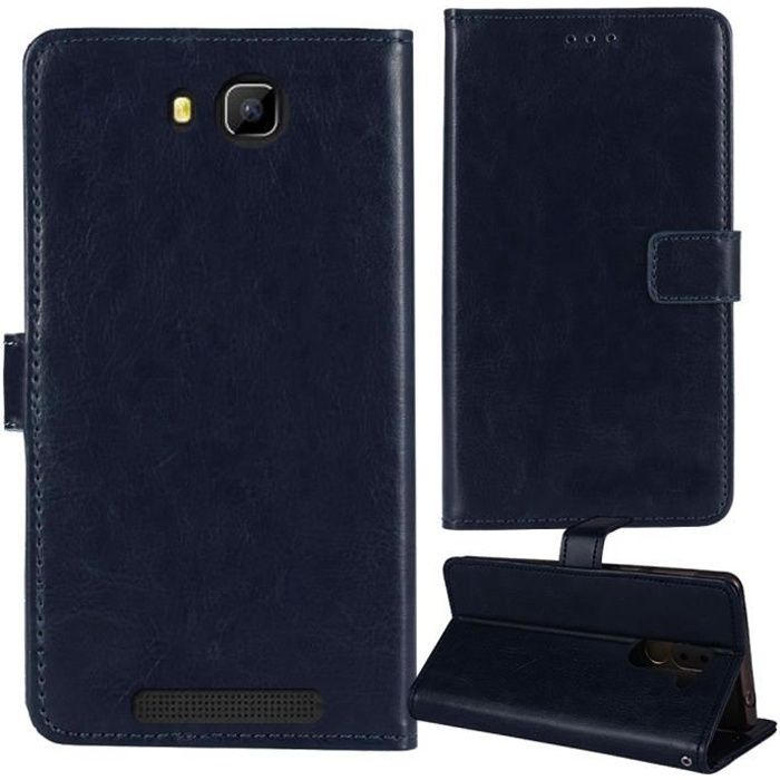 JYT Bleu Fonce Premium Flip Veritable Cuir Housse Coque Pour Logicom Le Fizz / Le Wave 4 inch Étui Couverture Case Cover Antichoc