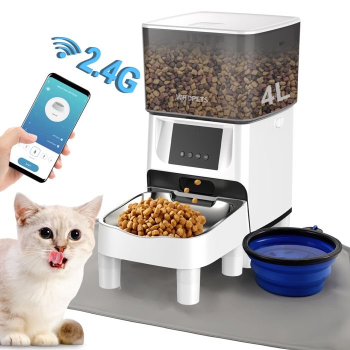 4L Distributeur Croquettes Chat Automatique 10 Repas/Jour WHDPETS APP Programmable-Contrôle, 10S Enregistrer Vocal Pour Chien Chat