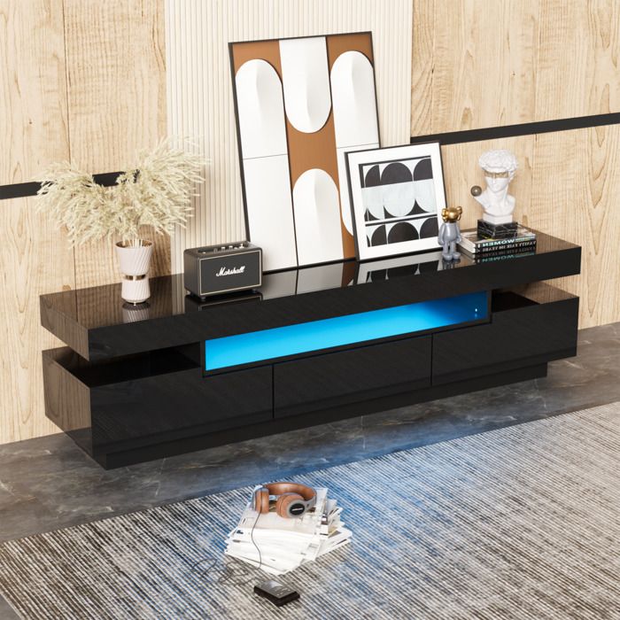 meuble tv led noir, banc tv 150x42x35cm, éclairage led rgb avec couleur réglable, capacité de charge 50 kg, convient pour salon