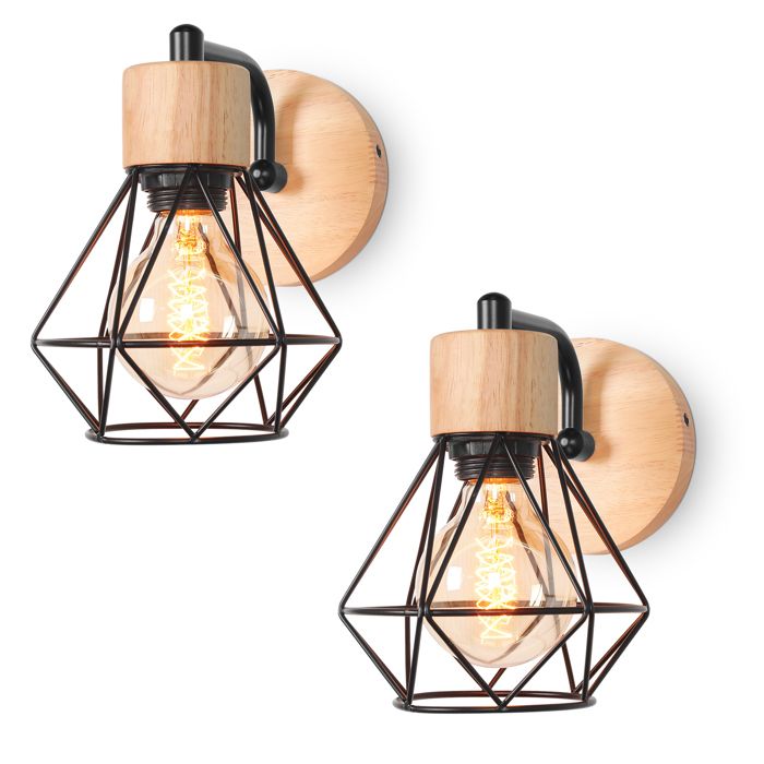 SNOGOLD 2x Applique Murale Interieur Industriel Vintage E27 Lampe Murale Cage Ø15CM en Métal Bois Noir Luminaire de Cuisine Salon SNOGOLD 2x Applique Murale Interieur Industriel Vintage E27 Lampe Murale Cage Ø15CM en Métal Bois Noir Luminaire de Cuisine Salon
