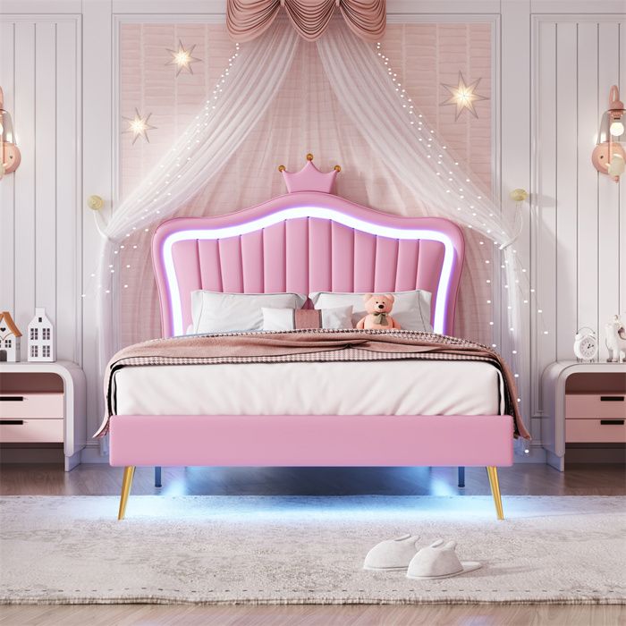 DRIPEX Lit enfant 90x200cm avec CouronneLit simple en cuir PU avec lampes LEDRose