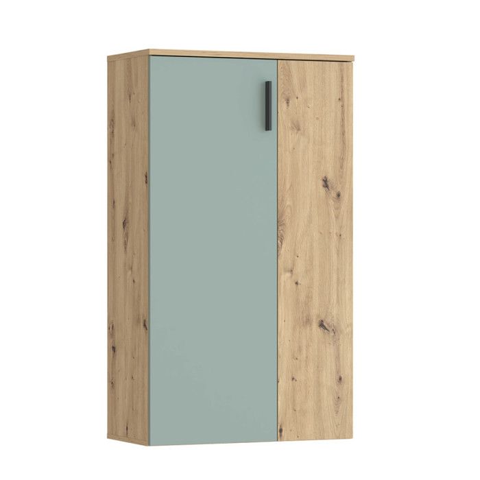 Meuble à chaussures 2 portes décor bois chêne et vert sauge – AMELIE Meubletmoi