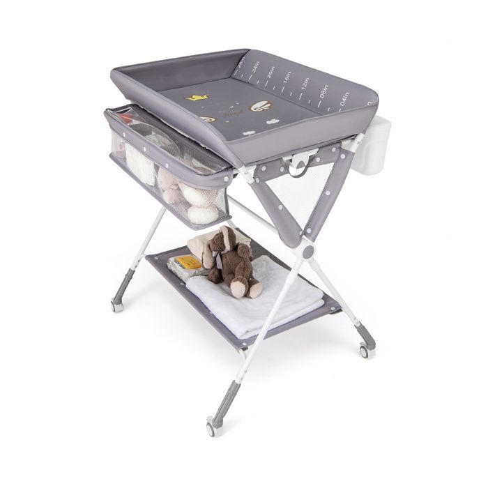 Table à Langer pour Bébé COSTWAY-Pliable-Hauteur Réglable 3 Niveaux-Poubelle-Panier de Rangement-Étagère-Roue Verrouillable-Gris