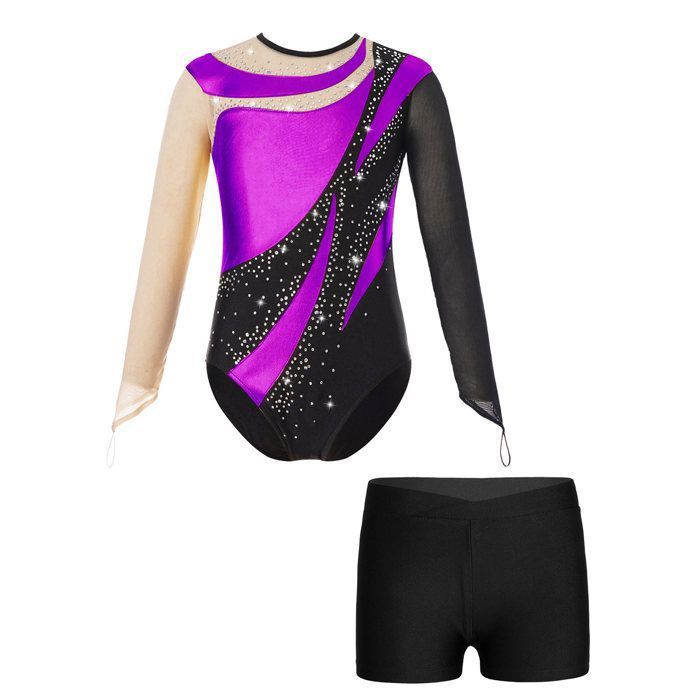 Robe De Danse Contemporaine Enfant Fille - Justaucorps Ballet, Manches En Maille, Strass - Pour Spectacle, Compétition 5-16 Ans