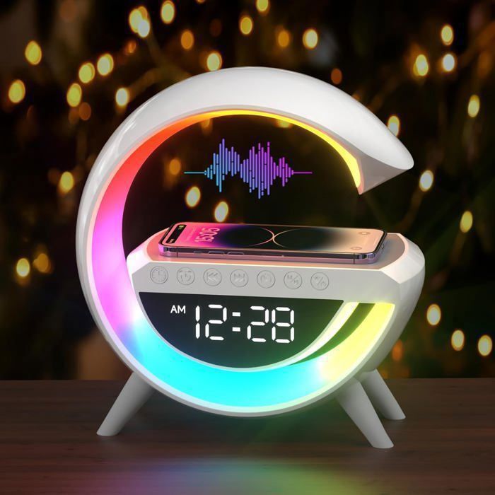 Lampe De Chevet Multifonction : Charge Sans Fil 15W, Veilleuse RVB, Réveil, Haut-parleur Bluetooth - BatdTech - 4