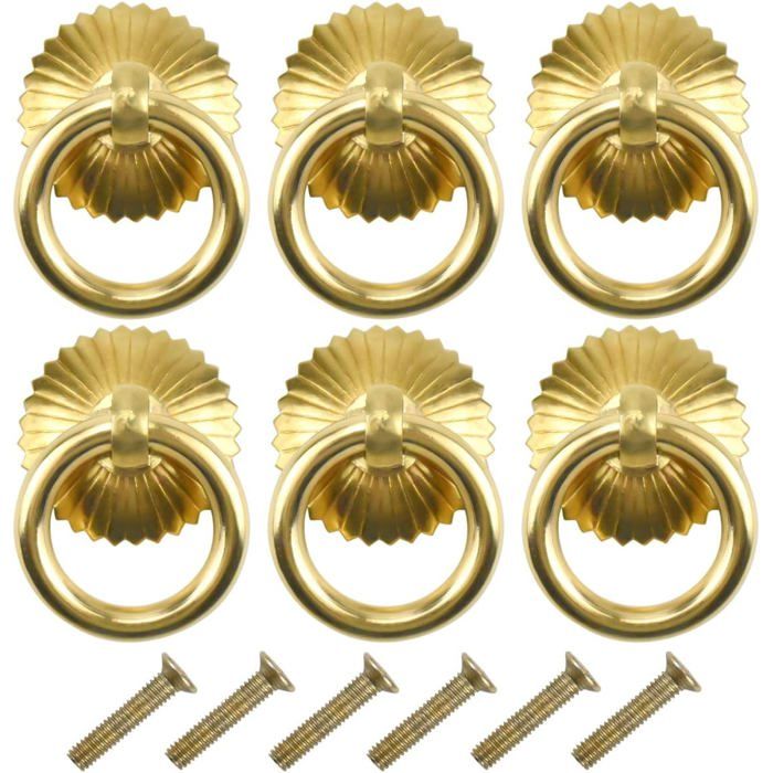 Lot de 6 poignées de meuble vintage en laiton vieilli – anneau 30 mm vis 20 mm