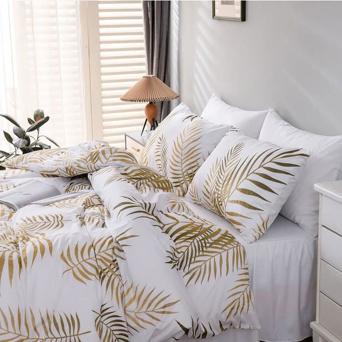 Housse de Couette 240x260 Feuilles de Palmier Tropicales Or et Blanc Parure de Lit Adulte - Linge de Lit avec Taie doreiller 65x65