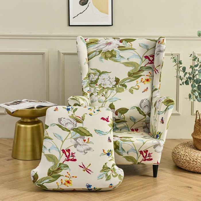 Housse de Fauteuil à Oreilles Extensible 2 Pièces Couverture de Fauteuil avec Housse de Coussin en T Fleur et Feuille