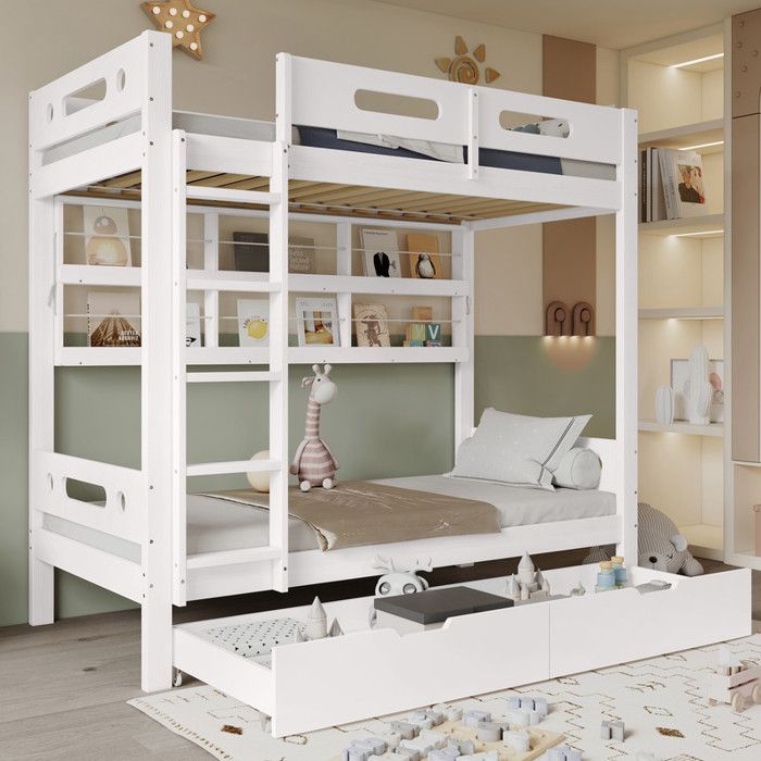 Lit Superposé Enfant Blanc avec 2 Tiroirs à Roulettes + Étagères Adjustables– Sécurité EN747 – 90x200cm – Grand Espace de Rangement