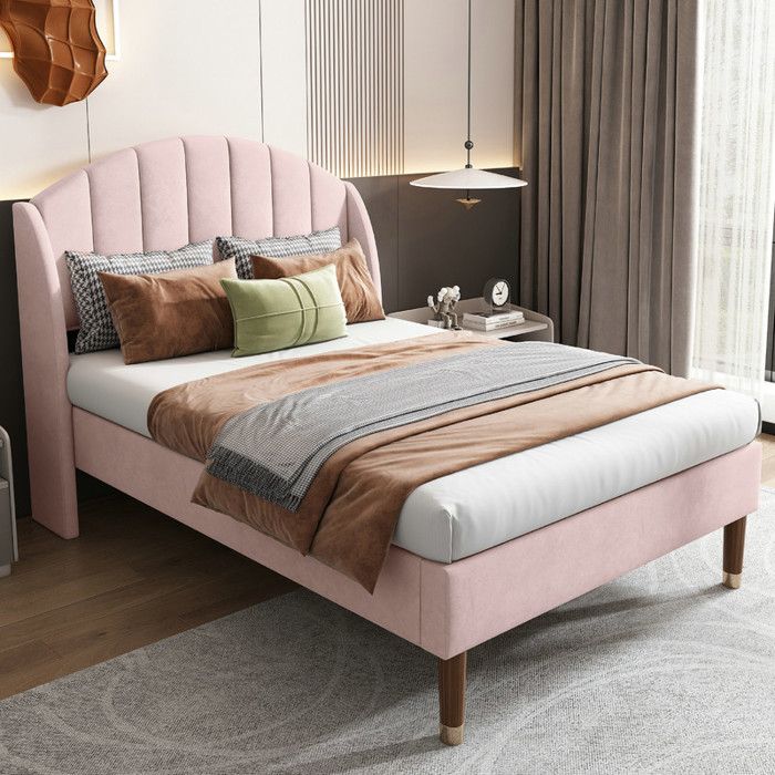 Lit simple rembourré - VVBV - Lit 90x200 cm avec tête de lit - Velours rose - Sommier à lattes inclus - Structure MDF & métal