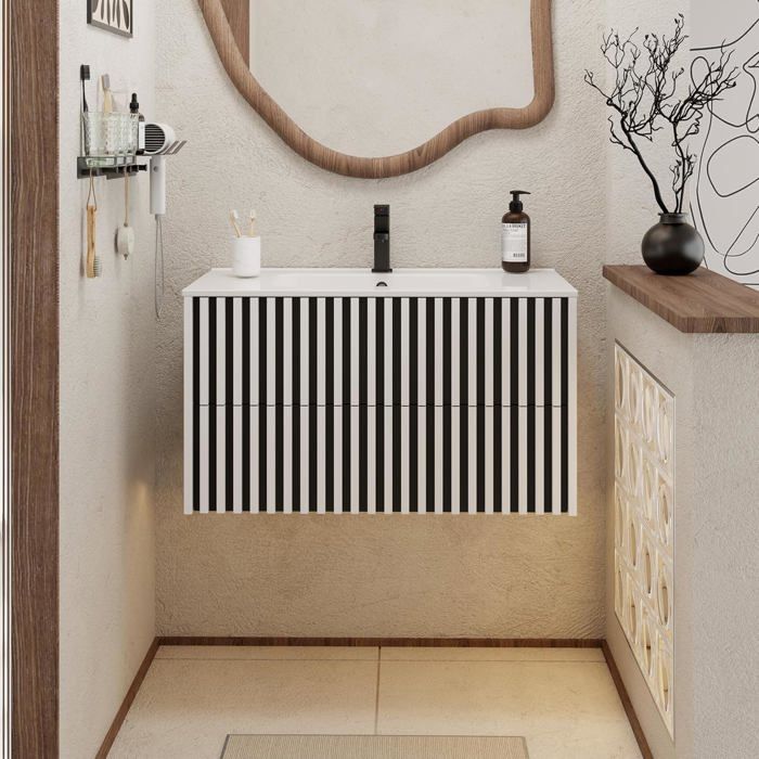 GOOBUY Meuble Salle de Bain 90cm Meuble Suspendu avec Lavabo en Céramique Poignée Cachée Motif de Ligne 90 x 45 x 50cm Blanc
