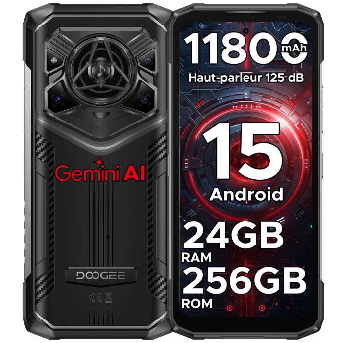 Smartphone Incassable DOOGEE Blade20 Pro - 11800mAh 6.6” HD+ Telephone Incassable Android 15 - 125dB - 24Go+256Go - 50MP+8MP- Argent