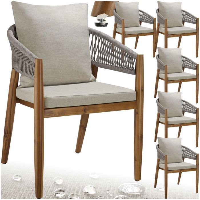 Chaise de jardin - TECTAKE - Lot de 6 MANACOR résistantes aux intempéries Rope-Design bois dacacia massif - Grège Chaise de jardin - TECTAKE - Lot de 6 MANACOR résistantes aux intempéries Rope-Design bois dacacia massif - Grège