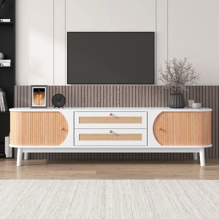 Meuble TV - Naturel - 170x395x46 cm - Bois massif - Portes et tiroirs en rotin - Blanc