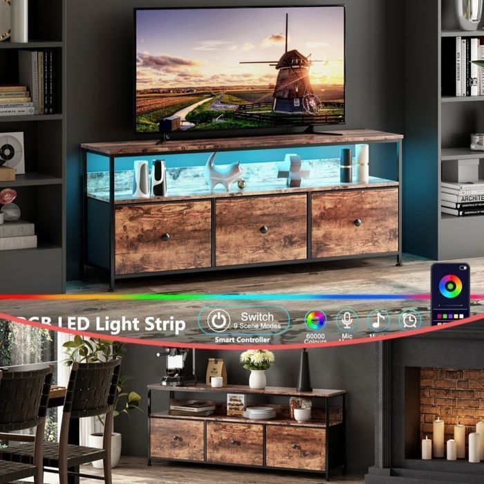 Meuble TV avec éclairage LED Meuble TV avec 3 tiroirs compartiments ouverts Meuble bas pour téléviseur Couleur peau de tigre